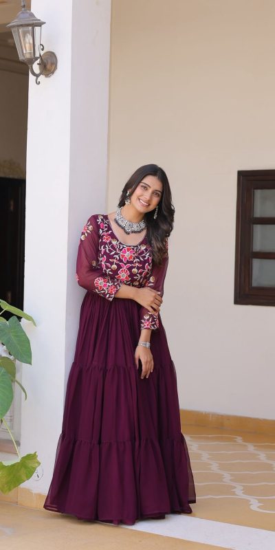 Ram 082 Wine Fox Georgette Gown Perfect for Wedding, Party, Sangeet, Durga Puja, Reception – . Grab it for ₹1849. Delivery 4-6 Working Days. Shop now. | Casual Suits, Jump Suits, Creative suits, Designer Suits, Palazzo Suits, Party Wear Suits, Patiala Suits, Salwar suit, Straight Suits