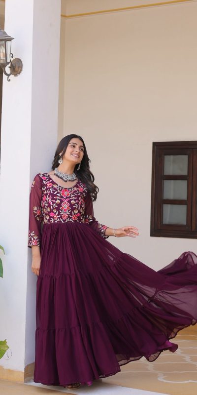 Ram 082 Wine Fox Georgette Gown Perfect for Wedding, Party, Sangeet, Durga Puja, Reception – . Grab it for ₹1849. Delivery 4-6 Working Days. Shop now. | Casual Suits, Jump Suits, Creative suits, Designer Suits, Palazzo Suits, Party Wear Suits, Patiala Suits, Salwar suit, Straight Suits