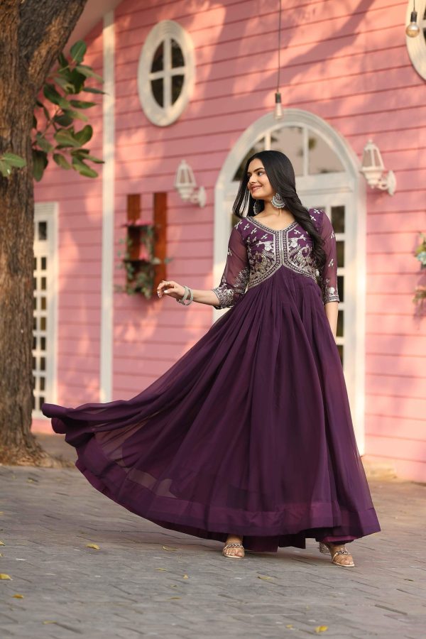 Wine Fox Georgette With Sequence Work Gown