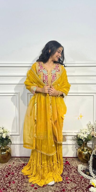 SSR 505 Yellow Chinon Silk With Salwar Suit Perfect for Wedding, Party, Durga Puja, Anniversary, Ethnic Day . Delivery 4-6 Working Days. At 2049 Shop now. | Bollywood Gowns, Creative Gowns, Designer Gowns, Embroidered Gowns, Gowns, Party Wear Gowns