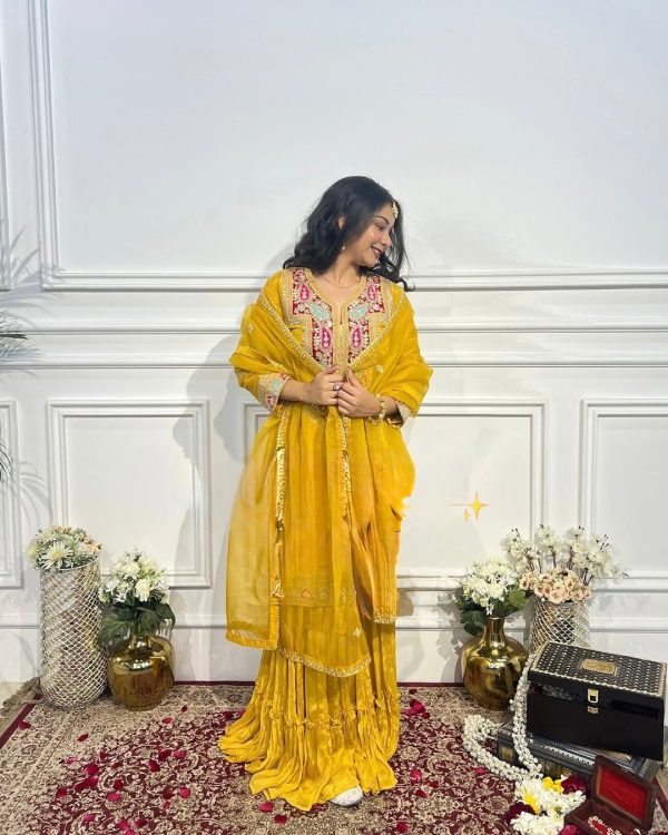 SSR 505 Yellow Chinon Silk With Salwar Suit Perfect for Wedding, Party, Durga Puja, Anniversary, Ethnic Day . Delivery 4-6 Working Days. At 2049 Shop now. | Bollywood Gowns, Creative Gowns, Designer Gowns, Embroidered Gowns, Gowns, Party Wear Gowns
