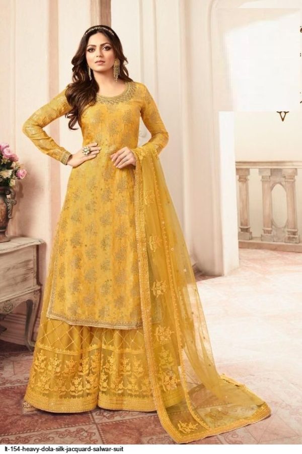 FC L.t 5401 Yellow Color Jacquard Silk Georgette Diamond Sharara Suit Wedding, Party, Festive Expected Delivery 4-6 Working Days  @2999/- | Casual Suits, Jump Suits, Creative suits, Designer Suits, Palazzo Suits, Party Wear Suits, Patiala Suits, Salwar suit, Straight Suits