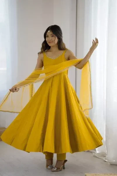 KB 285 Yellow in Roman Silk Chanderi Mirror Work & Lace Work Gown . Best Price ₹1929. Delivery 4-6 Working Days. Shop now. | Casual Suits, Jump Suits, Creative suits, Designer Suits, Palazzo Suits, Party Wear Suits, Patiala Suits, Salwar suit, Straight Suits