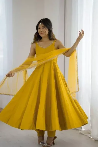 KB 285 Yellow in Roman Silk Chanderi Mirror Work & Lace Work Gown . Best Price ₹1929. Delivery 4-6 Working Days. Shop now. | Casual Suits, Jump Suits, Creative suits, Designer Suits, Palazzo Suits, Party Wear Suits, Patiala Suits, Salwar suit, Straight Suits