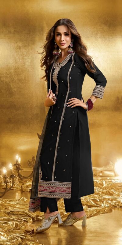 KF 1708 Black Faux Georgette Salwar Suit with Embroidery Work. Available at ₹1999 only. Delivery 4-6 Working Days. Shop now. | Casual Suits, Jump Suits, Tops & Bottoms, Track Suits, Trendy Wear, Creative suits, Designer Suits, Palazzo Suits, Party Wear Suits, Patiala Suits, Salwar suit, Straight Suits