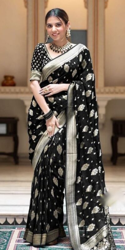 Black Soft Lichi Silk Jacquard Work Saree