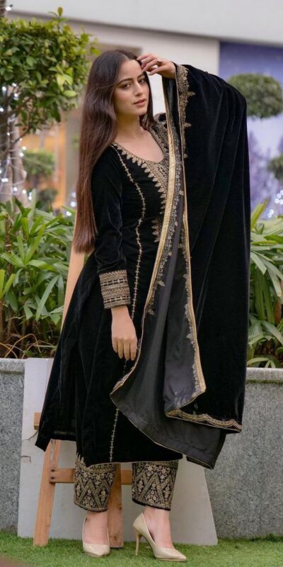 SRK 5017 Black in Viscose Velvet Embroidery Work & Lace Work Salwar Suit . Exclusive Offer ₹1999. Delivery 4-6 Working Days. Shop now. | Bollywood Lehenga, Creative Lehenga, Designer Lehenga, Embroidered Lehenga, Lehenga, Party Wear Lehenga