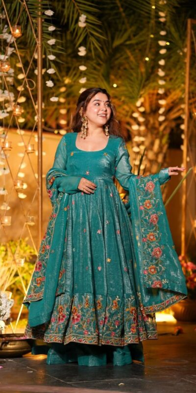 NSR 880 Firozi Crunchy Silk Gown with Embroidery Work. Wedding, Party, Festive, Events Grab it for ₹2249. Delivery 4-6 Working Days. Shop now. | Bollywood Gowns, Creative Gowns, Designer Gowns, Embroidered Gowns, Gowns, Party Wear Gowns