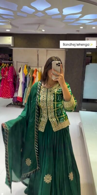 Green Chinon Digital Print Embroidery Work Lehenga Choli