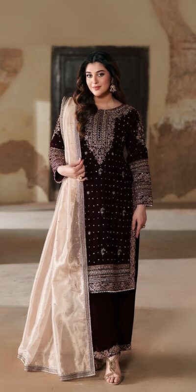 Maroon 9000 Micro Velvet Embroidery Work Lace Salwar Suit