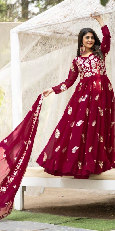 Ram 087 Maroon in Fox Georgette Embroidery Work & Thread Embroidery Gown . Special Price ₹2149. Delivery 4-6 Working Days. Shop now. | Bollywood Gowns, Creative Gowns, Designer Gowns, Embroidered Gowns, Gowns, Party Wear Gowns