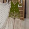 Mehendi Fox Georgette Embroidery Lace Work Salwar Suit