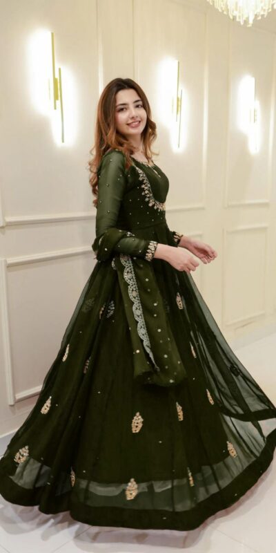 LG 2006 Mehendi Georgette Gown Perfect for Wedding, Party, Engagement, Diwali, Sangeet . Exclusive Offer ₹1999. Delivery 4-6 Working Days. Shop now. | Bollywood Gowns, Creative Gowns, Designer Gowns, Embroidered Gowns, Gowns, Party Wear Gowns