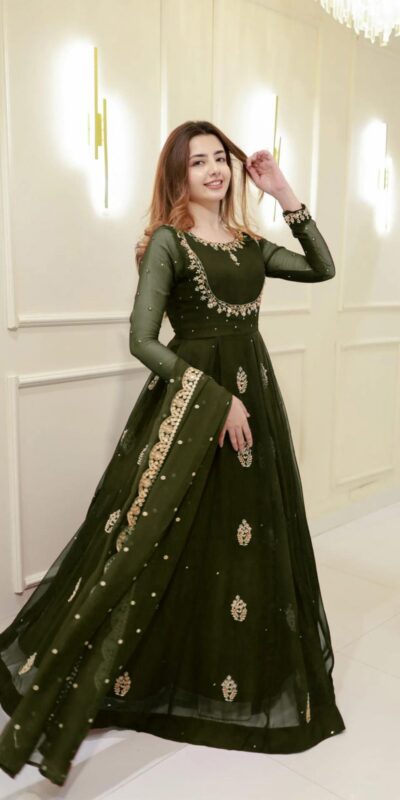 LG 2006 Mehendi Georgette Gown Perfect for Wedding, Party, Engagement, Diwali, Sangeet . Exclusive Offer ₹1999. Delivery 4-6 Working Days. Shop now. | Bollywood Gowns, Creative Gowns, Designer Gowns, Embroidered Gowns, Gowns, Party Wear Gowns