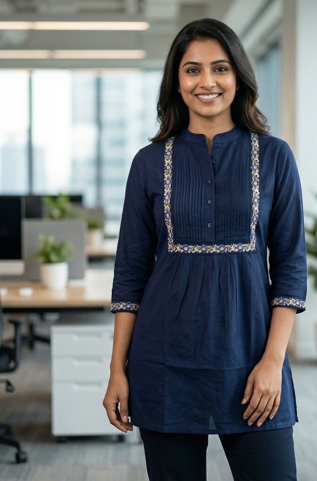 Navy Blue Rayon Multi Embroidery Work Kurti