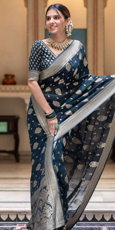 Navy Blue Soft Lichi Silk Jacquard Work Saree