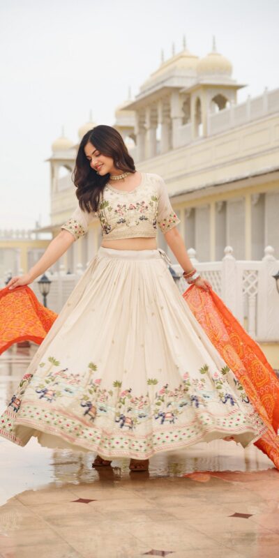 Orange Tissue Silk Embroidery Work Lehenga Choli