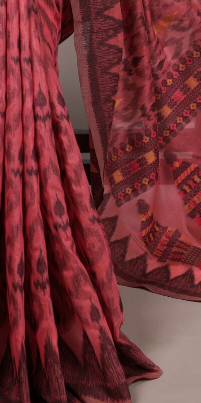 Peach Poly Cotton Thread Weaving Work Saree