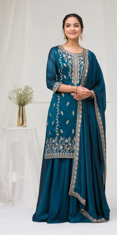 FC 2102 Peacock Blue Blooming Vichitra Salwar Suit with Embroidery Work. Festive Deal ₹2549. Delivery 4-6 Working Days. Shop now. | Casual Suits, Jump Suits, Tops & Bottoms, Track Suits, Trendy Wear, Creative suits, Designer Suits, Palazzo Suits, Party Wear Suits, Patiala Suits, Salwar suit, Straight Suits