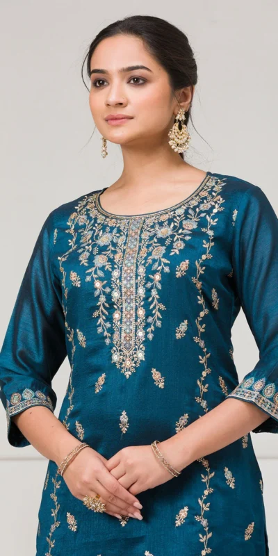 FC 2102 Peacock Blue Blooming Vichitra Salwar Suit with Embroidery Work. Festive Deal ₹2549. Delivery 4-6 Working Days. Shop now. | Casual Suits, Jump Suits, Tops & Bottoms, Track Suits, Trendy Wear, Creative suits, Designer Suits, Palazzo Suits, Party Wear Suits, Patiala Suits, Salwar suit, Straight Suits