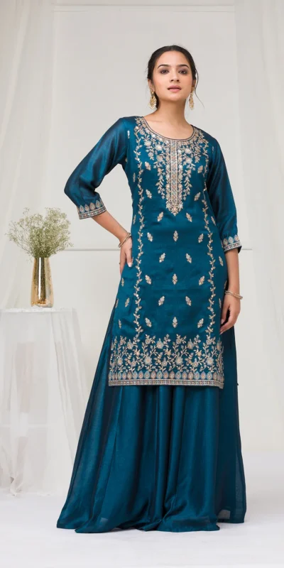 FC 2102 Peacock Blue Blooming Vichitra Salwar Suit with Embroidery Work. Festive Deal ₹2549. Delivery 4-6 Working Days. Shop now. | Casual Suits, Jump Suits, Tops & Bottoms, Track Suits, Trendy Wear, Creative suits, Designer Suits, Palazzo Suits, Party Wear Suits, Patiala Suits, Salwar suit, Straight Suits