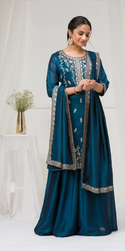 FC 2102 Peacock Blue Blooming Vichitra Salwar Suit with Embroidery Work. Festive Deal ₹2549. Delivery 4-6 Working Days. Shop now. | Casual Suits, Jump Suits, Tops & Bottoms, Track Suits, Trendy Wear, Creative suits, Designer Suits, Palazzo Suits, Party Wear Suits, Patiala Suits, Salwar suit, Straight Suits