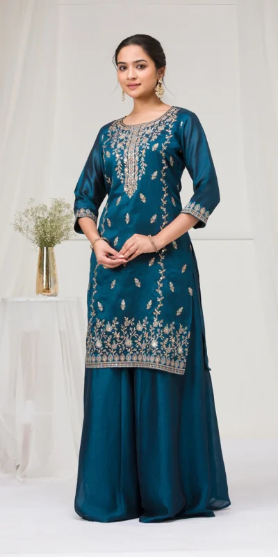 FC 2102 Peacock Blue Blooming Vichitra Salwar Suit with Embroidery Work. Festive Deal ₹2549. Delivery 4-6 Working Days. Shop now. | Casual Suits, Jump Suits, Tops & Bottoms, Track Suits, Trendy Wear, Creative suits, Designer Suits, Palazzo Suits, Party Wear Suits, Patiala Suits, Salwar suit, Straight Suits