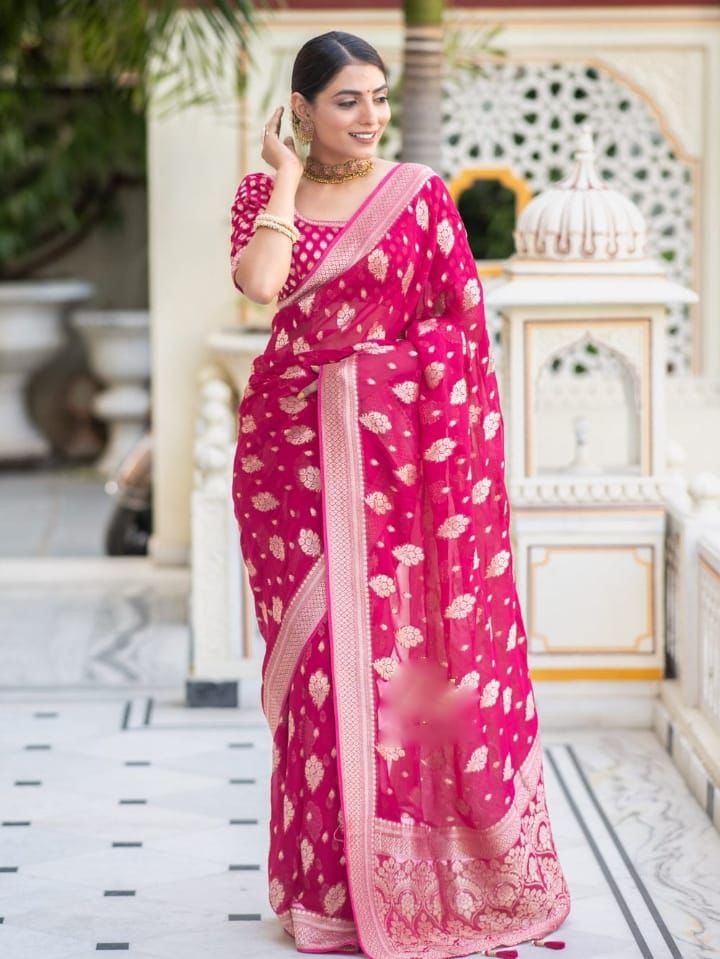 Pink Soft Lichi Silk Jacquard Work Saree