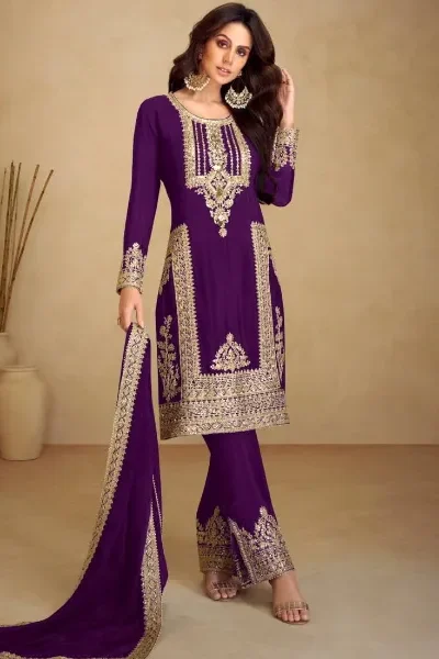 Purple Chinon Multi Embroidery Work Salwar Suit