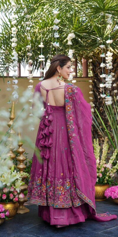 NSR 880 Purple Crunchy Silk Gown with Embroidery Work. Wedding, Party, Festive, Events Grab it for ₹2249. Delivery 4-6 Working Days. Shop now. | Bollywood Gowns, Creative Gowns, Designer Gowns, Embroidered Gowns, Gowns, Party Wear Gowns
