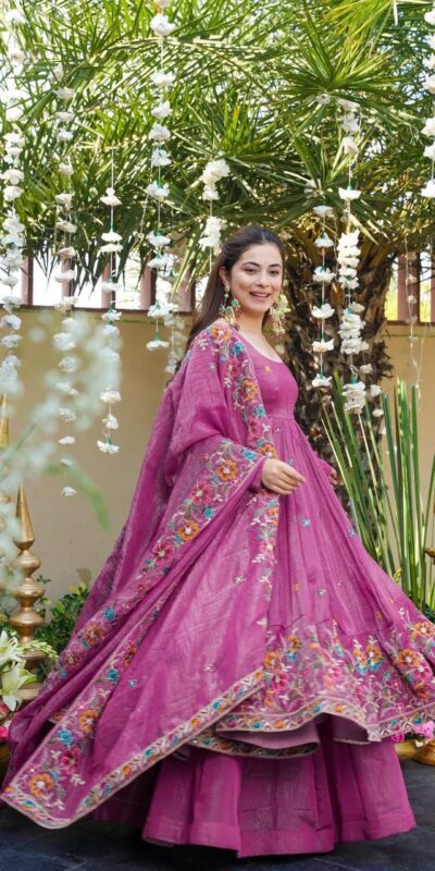 NSR 880 Purple Crunchy Silk Gown with Embroidery Work. Wedding, Party, Festive, Events Grab it for ₹2249. Delivery 4-6 Working Days. Shop now. | Bollywood Gowns, Creative Gowns, Designer Gowns, Embroidered Gowns, Gowns, Party Wear Gowns
