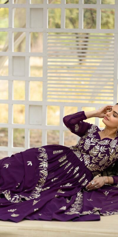 Ram 087 Purple in Fox Georgette Embroidery Work & Thread Embroidery Gown . Special Price ₹2149. Delivery 4-6 Working Days. Shop now. | Bollywood Gowns, Creative Gowns, Designer Gowns, Embroidered Gowns, Gowns, Party Wear Gowns