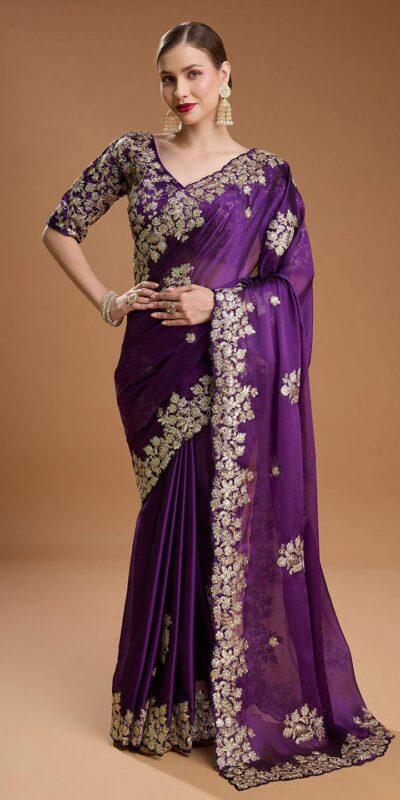 Purple Rangoli Silk Sequins Embroidery Work Saree