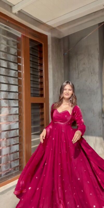 RTC 5937 Rani Pink Fendy silk Gown with Lace Work. Wedding, Party, Festive, Events Get it for ₹2149. Delivery 4-6 Working Days. Shop now. | Bollywood Gowns, Creative Gowns, Designer Gowns, Embroidered Gowns, Gowns, Party Wear Gowns