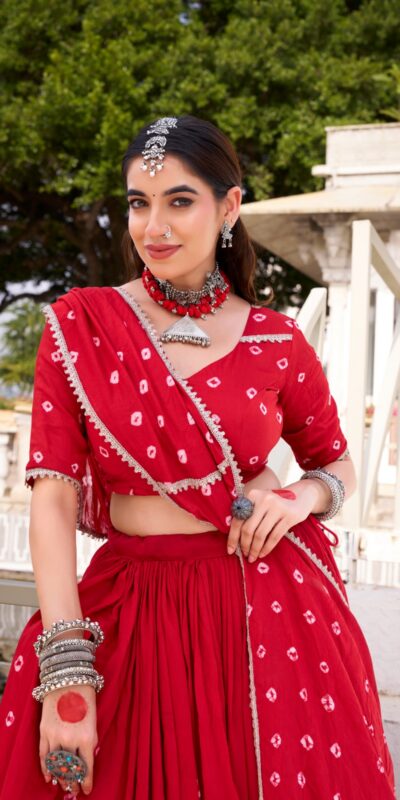 LNB 1663 Red Color Pure Chander Bandhej Print With Lace Touch Up Lehenga Choli Wedding, Party, Festive, Events Etc. Delivery 4-6 Working Days Rs 1899 | Creative Lehenga, Bollywood Lehenga, Designer Lehenga, Embroidered Lehenga, Lehenga, Party Wear Lehenga