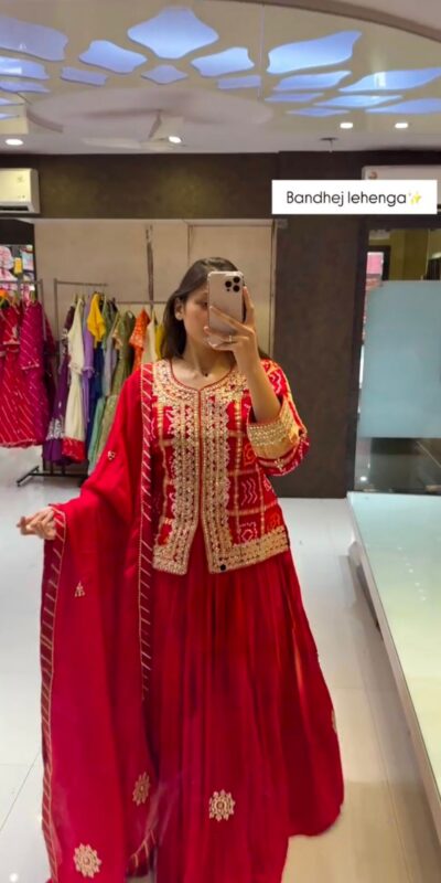 Red Chinon Digital Print Embroidery Work Lehenga Choli