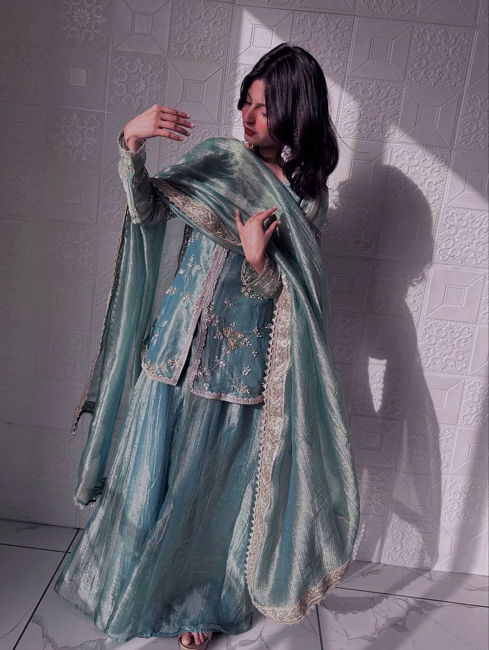 Sky Blue Fandy Silk Sequins Work Salwar Suit - Image 2