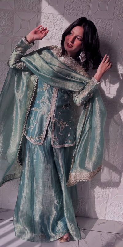 Sky Blue Fandy Silk Sequins Work Salwar Suit