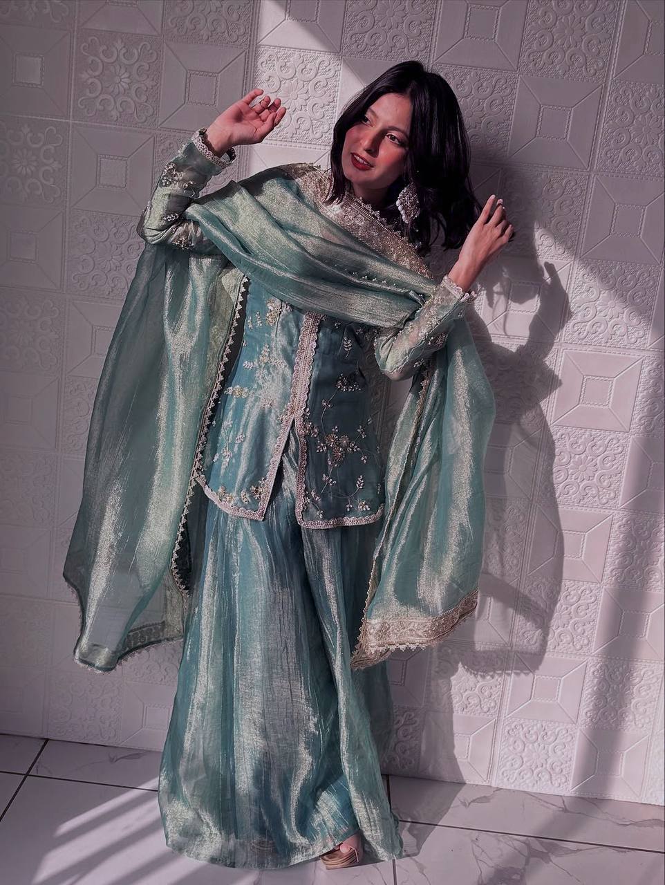 Sky Blue Fandy Silk Sequins Work Salwar Suit