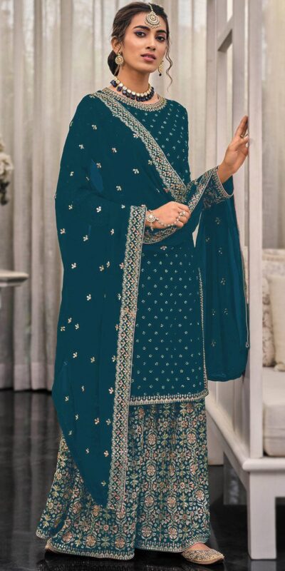FC 1448 Teal Georgette Salwar Suit with Embroidery Work & Lace Work. Exclusive Offer ₹2599. Delivery 4-6 Working Days. Shop now. | Casual Suits, Jump Suits, Tops & Bottoms, Track Suits, Trendy Wear, Creative suits, Designer Suits, Palazzo Suits, Party Wear Suits, Patiala Suits, Salwar suit, Straight Suits