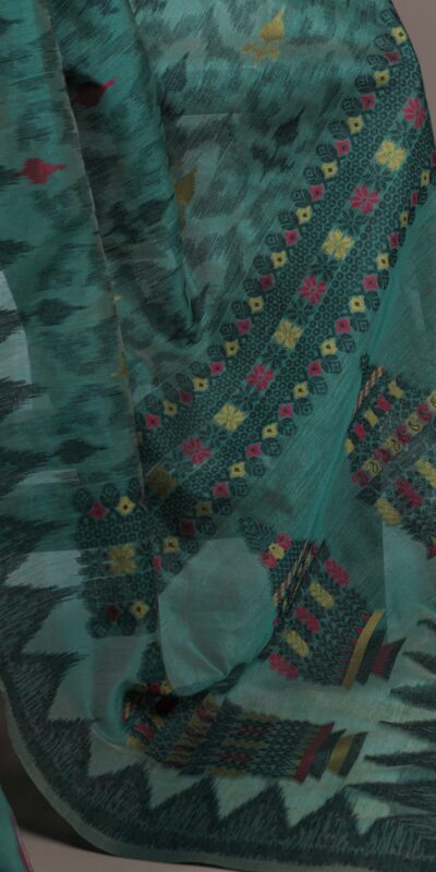 Teal Poly Cotton Thread Weaving Work Saree