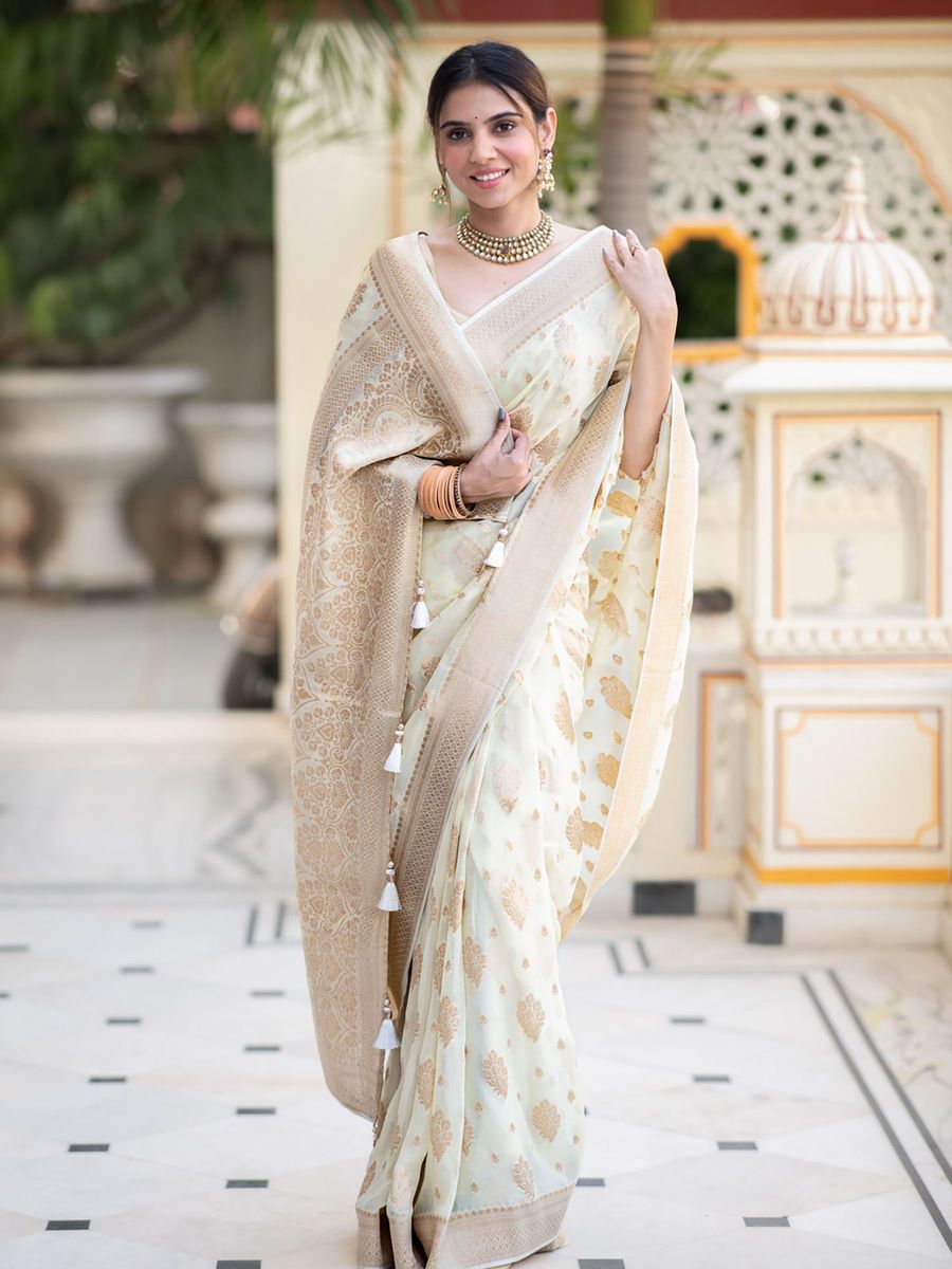 White Soft Lichi Silk Jacquard Work Saree - Image 2