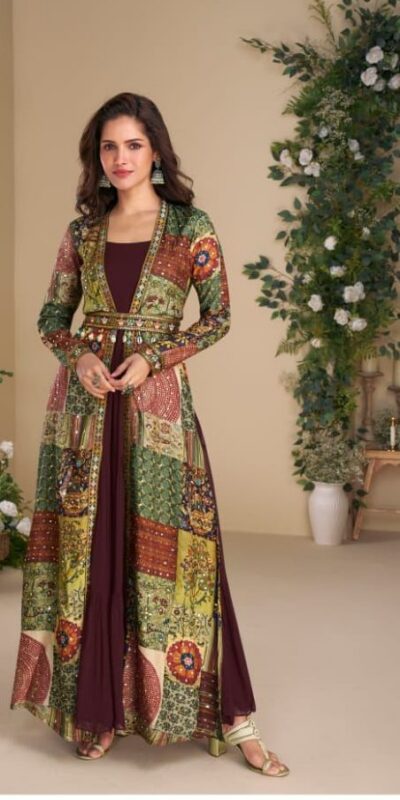 Wine Blooming Georgette Mirror Work Embroider Kurti