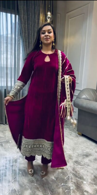 VLM 241 Wine in Crash Viscose Velvet Embroidery Work Salwar Suit . Affordable Price ₹2399. Delivery 4-6 Working Days. Shop now. | Casual Suits, Jump Suits, Creative suits, Designer Suits, Palazzo Suits, Party Wear Suits, Patiala Suits, Salwar suit, Straight Suits