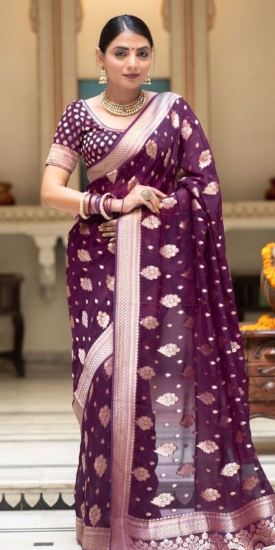 Wine Soft Lichi Silk Jacquard Work Saree