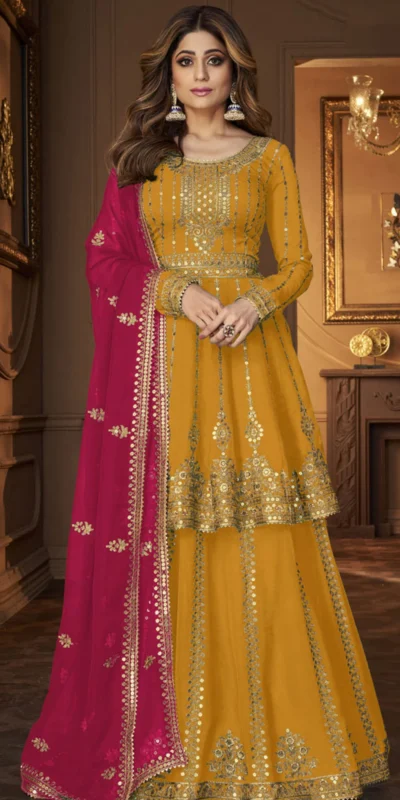 DS A 9125 Yellow Faux Georgette Salwar Suit with Embroidery Work. Special Price ₹2599. Delivery 4-6 Working Days. Shop now. | Casual Suits, Jump Suits, Tops & Bottoms, Track Suits, Trendy Wear, Creative suits, Designer Suits, Palazzo Suits, Party Wear Suits, Patiala Suits, Salwar suit, Straight Suits