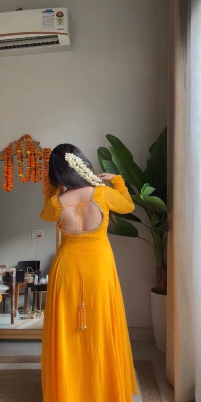 RTC 5935 Yellow Faux Georgette Gown with Lace Work. Wedding, Party, Festive, Events Exclusive Offer ₹2049. Delivery 4-6 Working Days. Shop now. | Bollywood Gowns, Creative Gowns, Designer Gowns, Embroidered Gowns, Gowns, Party Wear Gowns