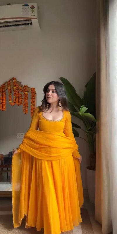 RTC 5935 Yellow Faux Georgette Gown with Lace Work. Wedding, Party, Festive, Events Exclusive Offer ₹2049. Delivery 4-6 Working Days. Shop now. | Bollywood Gowns, Creative Gowns, Designer Gowns, Embroidered Gowns, Gowns, Party Wear Gowns