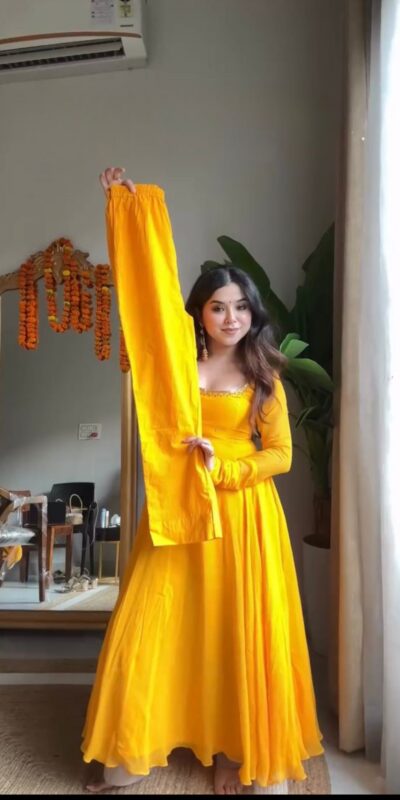 RTC 5935 Yellow Faux Georgette Gown with Lace Work. Wedding, Party, Festive, Events Exclusive Offer ₹2049. Delivery 4-6 Working Days. Shop now. | Bollywood Gowns, Creative Gowns, Designer Gowns, Embroidered Gowns, Gowns, Party Wear Gowns