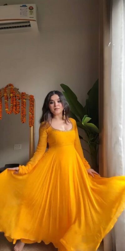 RTC 5935 Yellow Faux Georgette Gown with Lace Work. Wedding, Party, Festive, Events Exclusive Offer ₹2049. Delivery 4-6 Working Days. Shop now. | Bollywood Gowns, Creative Gowns, Designer Gowns, Embroidered Gowns, Gowns, Party Wear Gowns